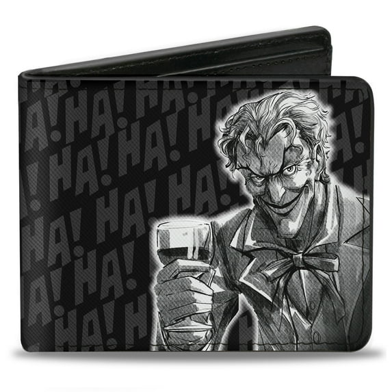 DC Comics Wallet, Bifold, The Joker Wine Glass Pose Ha Ha Black Grays White, Vegan Leather