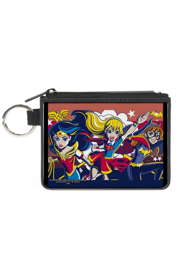 DC Comics Wallet, Coin Purse, DC Super Hero Girls Trio Group Pose Logo Reds Blues, Canvas