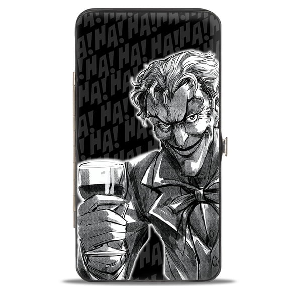 DC Comics Wallet, Hinged, Joker Wine Pose Sketch The Joker Logo Ha Ha Black Grays White, Vegan Leather