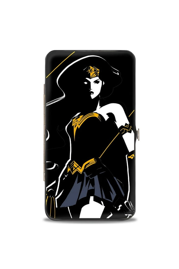 DC Comics Wallet, Hinged, Justice League 2017 Wonder Woman Pose Black White Gold Gray, Vegan Leather