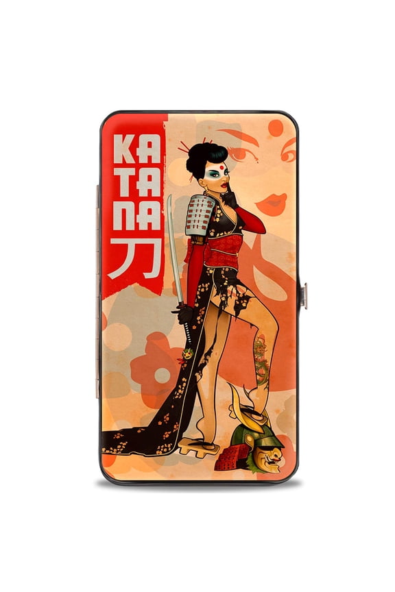 DC Comics Wallet, Hinged, Katana Bombshell Pose Pose Silhouette Tan Reds, Vegan Leather