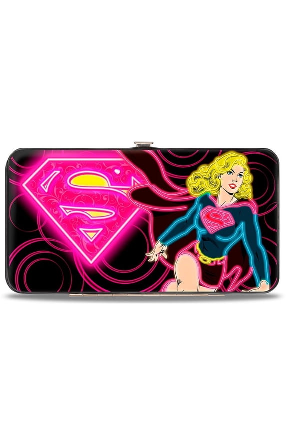 DC Comics Wallet, Hinged, Neon Super Shield Supergirl Pose Rings Black Pinks Yellow, Vegan Leather