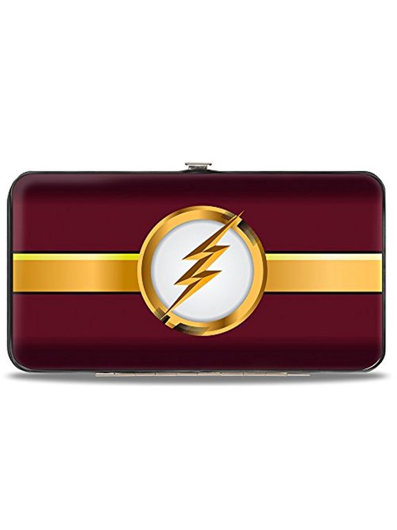 DC Comics Wallet, Hinged, The Flash Logo Stripe Burgundy Golds White, Vegan Leather