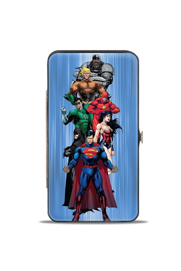 DC Comics Wallet, Hinged, The New 52 Justice League 7 Superhero Group Pose Streak Blues, Vegan Leather