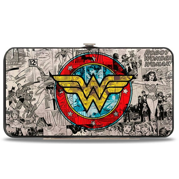 DC Comics Wallet, Hinged, Wonder Woman Logo Comic Scenes Grays Blue Red Yellow, Vegan Leather