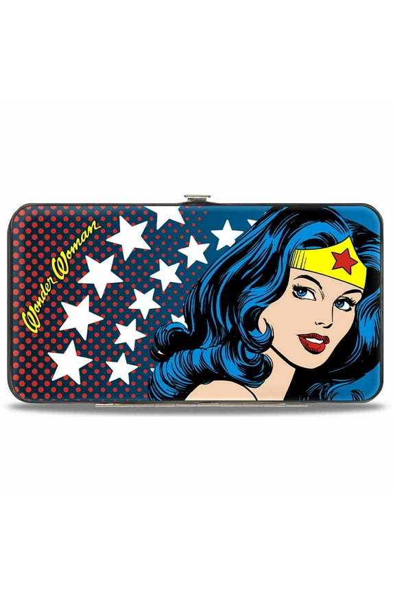 DC Comics Wallet, Hinged, Wonder Woman Stars Face Halftone Blues Red Yellow White, Vegan Leather