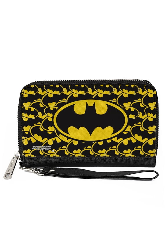 DC Comics Wallet, Zip Around, Bat Signal Centered Stacked Yellow Black, Vegan Leather