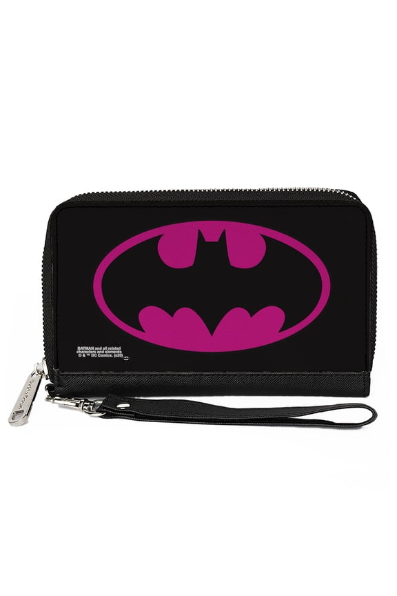 DC Comics Wallet, Zip Around, Batman Bat Logo Black Fuchsia, Vegan Leather