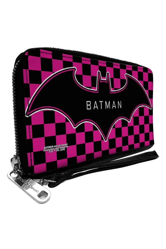 DC Comics Wallet, Zip Around, Batman Bat Logo Close Up Checker Fuchsia Black, Vegan Leather