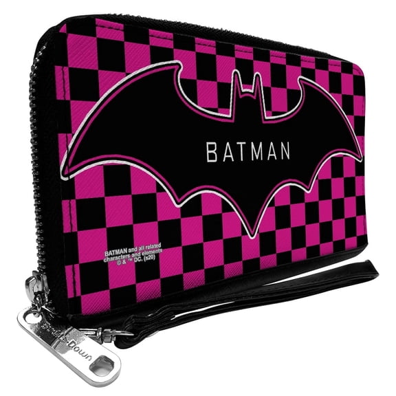 DC Comics Wallet, Zip Around, Batman Bat Logo Close Up Checker Fuchsia Black, Vegan Leather