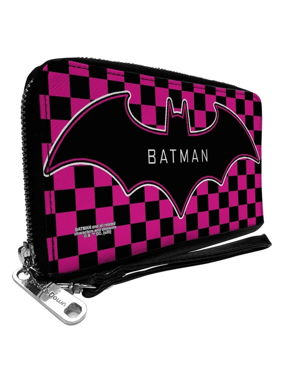 DC Comics Wallet, Zip Around, Batman Bat Logo Close Up Checker Fuchsia Black, Vegan Leather