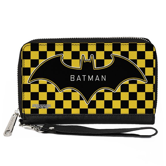 DC Comics Wallet, Zip Around, Batman Bat Logo Close Up Checker Yellow Black, Vegan Leather