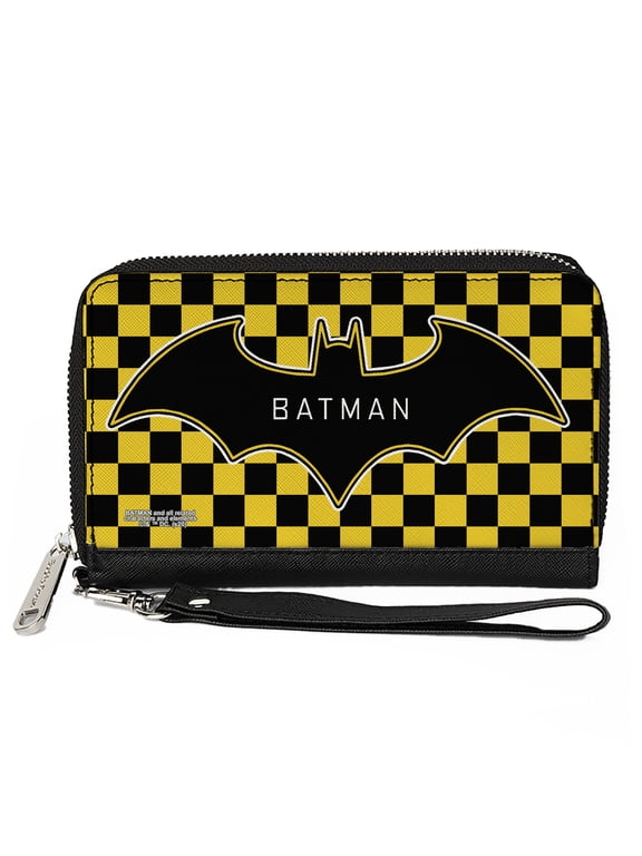 DC Comics Wallet, Zip Around, Batman Bat Logo Close Up Checker Yellow Black, Vegan Leather