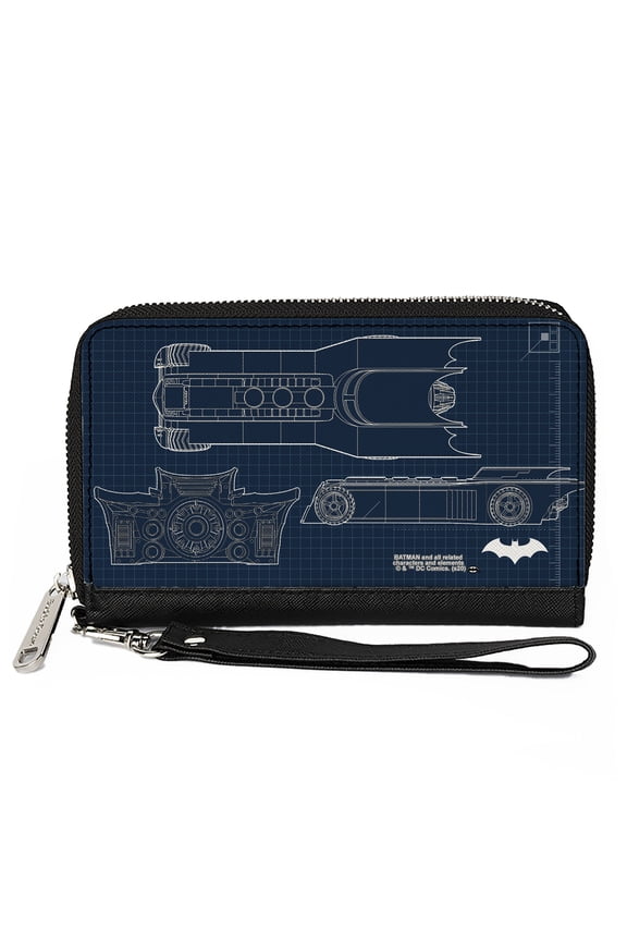 DC Comics Wallet, Zip Around, Batman Batmobile Blueprint Tech Turns Blues White, Vegan Leather