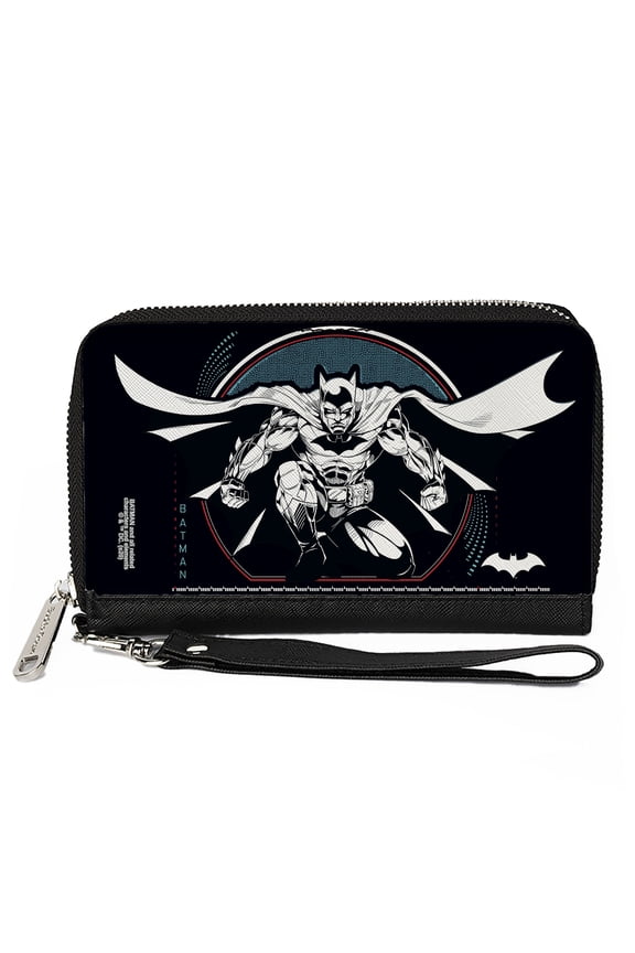 DC Comics Wallet, Zip Around, Batman Crouching Tech Action Pose Black White Blue Red, Vegan Leather