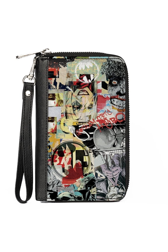DC Comics Wallet, Zip Around, Batman and Gotham City Villains Torn Faces Graffiti Collage, Vegan Leather