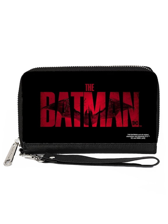 DC Comics Wallet, Zip Around, The Batman Movie Bat Title Weathered Black Red, Vegan Leather