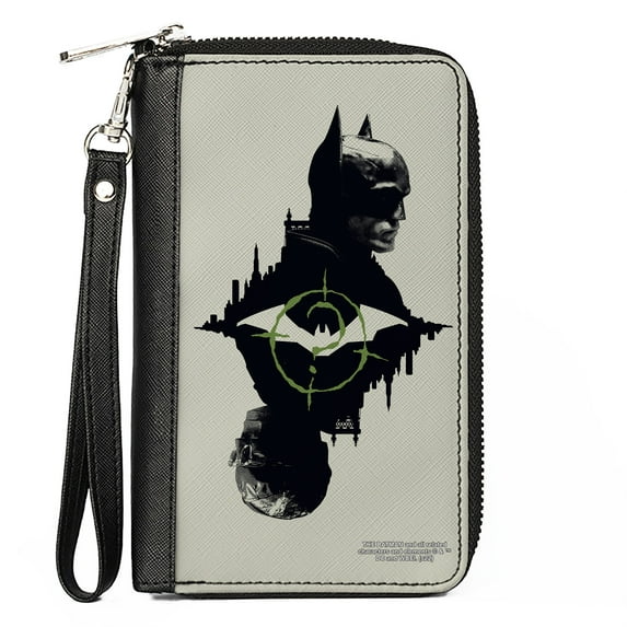 DC Comics Wallet, Zip Around, The Batman Movie Batman and Riddler Poses and Logos Cityscape, Vegan Leather