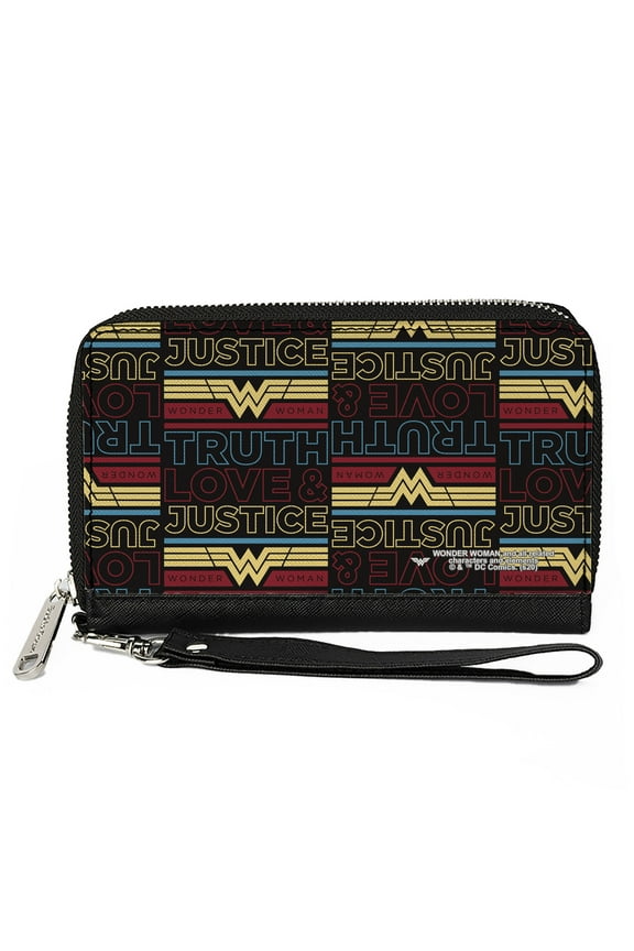 DC Comics Wallet, Zip Around, Wonder Woman 1984 Truth Love and Justice Black Blue Red Gold, Vegan Leather