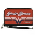 thumbnail image 1 of DC Comics Wallet, Zip Around, Wonder Woman Script Logo Striping Red Navy Pink White, Vegan Leather, 1 of 3