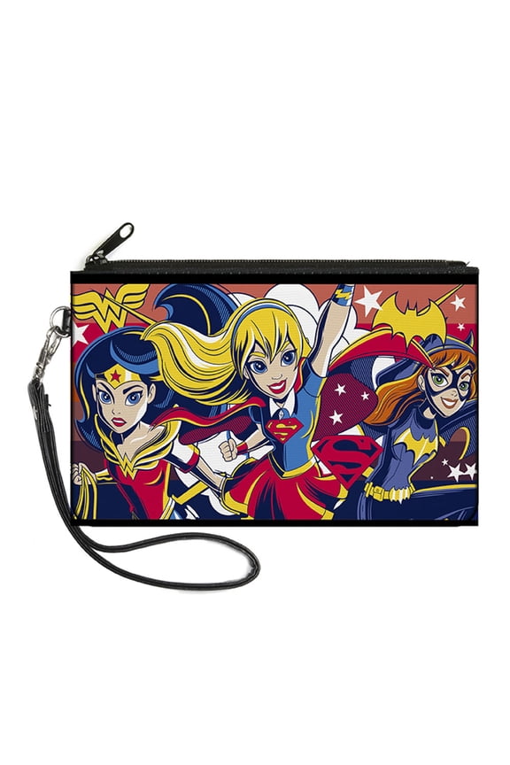 DC Comics Wallet, Zip Clutch, DC Super Hero Girls Trio Group Pose Logo Reds Blues, Canvas