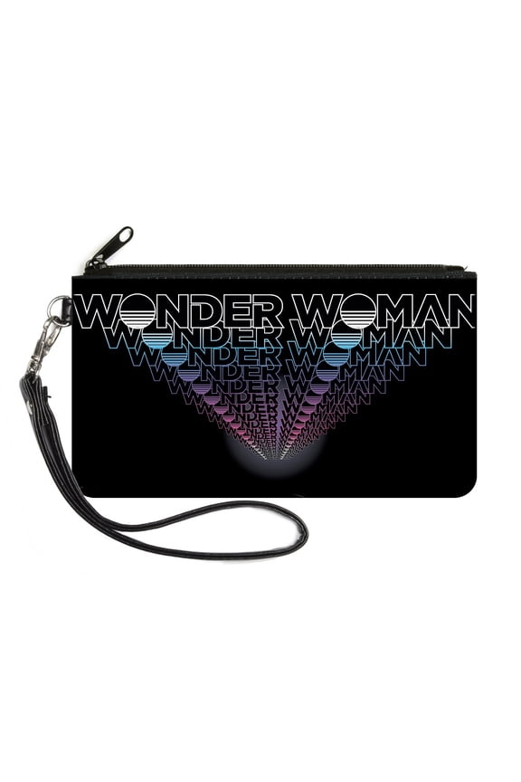 DC Comics Wallet, Zip Clutch, Wonder Woman 1984 Text Infinity Repeat Black White Blues Pink, Canvas