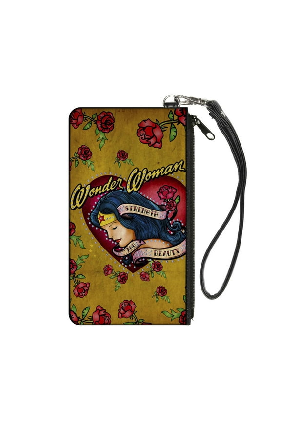 DC Comics Wallet, Zip Pouch, Studded Wonder Woman Heart Strength And Beauty Tattoo Roses, Canvas