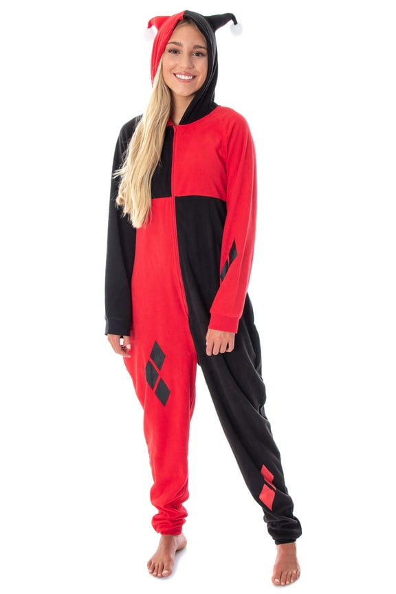 DC Comics Women's Classic Harley Quinn Jester One Piece Hooded Union Suit Kigurumi Pajama