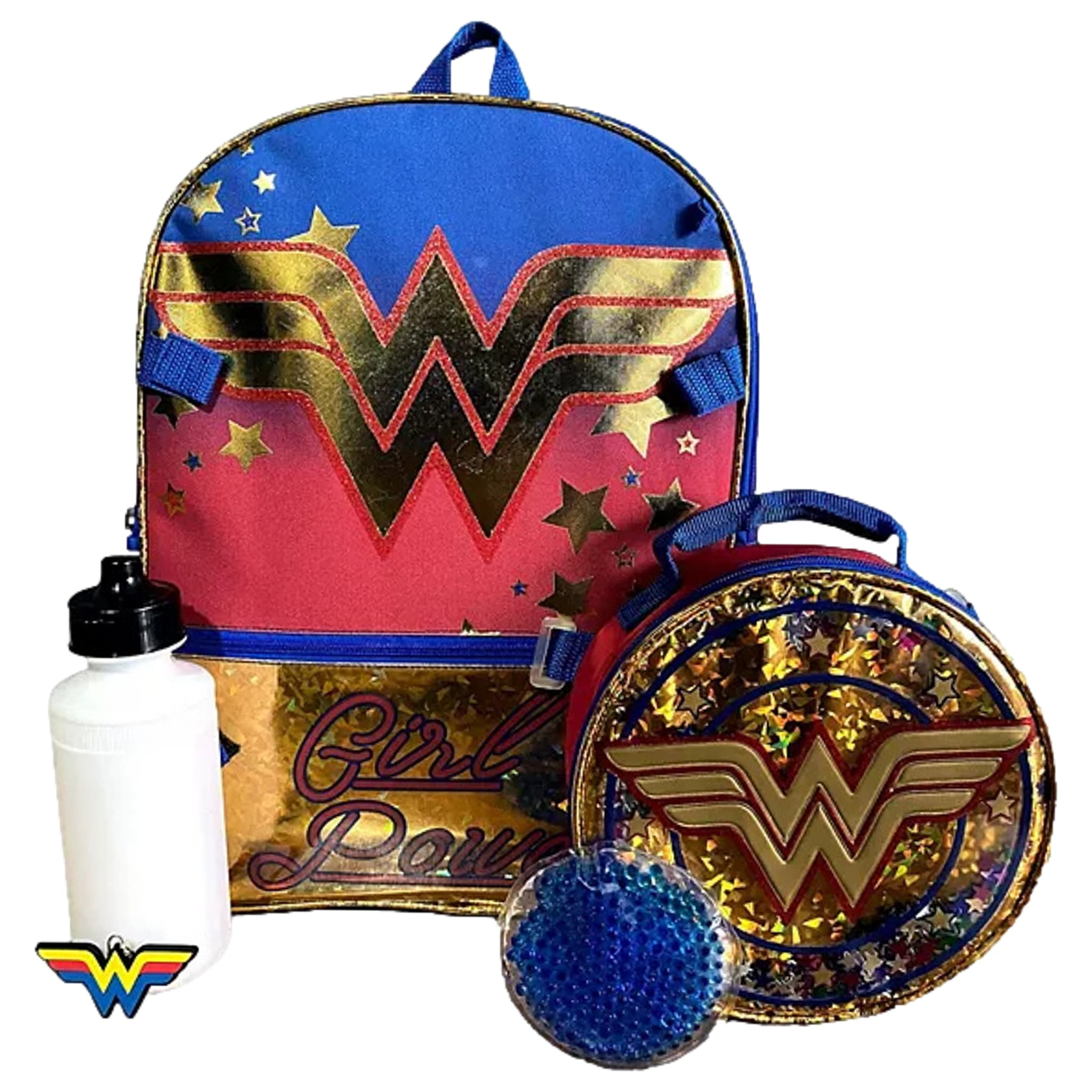DC Comics Wonder Woman Backpack Lunch Bag 5 Piece Set With Water
