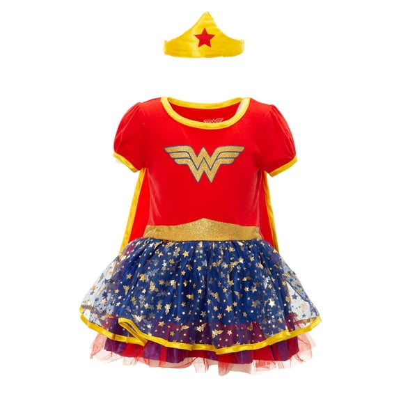DC Comics Wonder Woman Girl's Halloween Fancy-Dress Costume for Toddler, with Gold Tiara Cape 3T