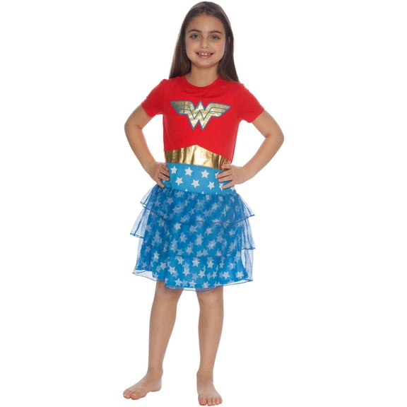 DC Comics Girls' Wonder Woman 3-Tiered Tulle Skirt Short-Sleeve Nightgown Pajama Sleepwear Loungewear