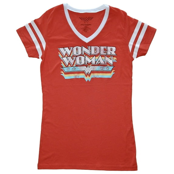 DC Comics Wonder Woman Logo Varsity Juniors V-Neck T-Shirt | L