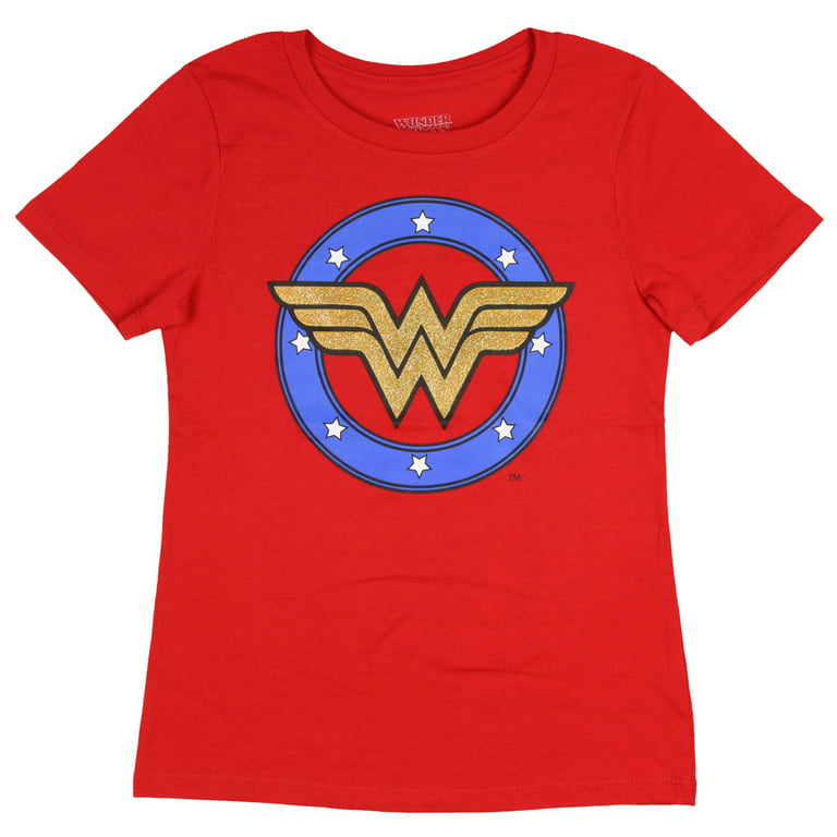 Gold Woman Glitter DC Wonder Shirt L Tee Girls Comics Shield Logo 10/12 Costume