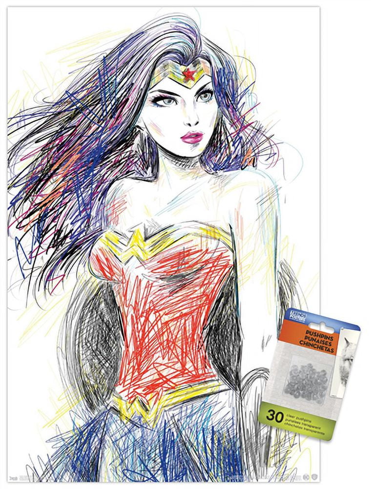 DC Comics - Wonder Woman - Sketch Wall Poster with Push Pins, 14.725" x 22.375"