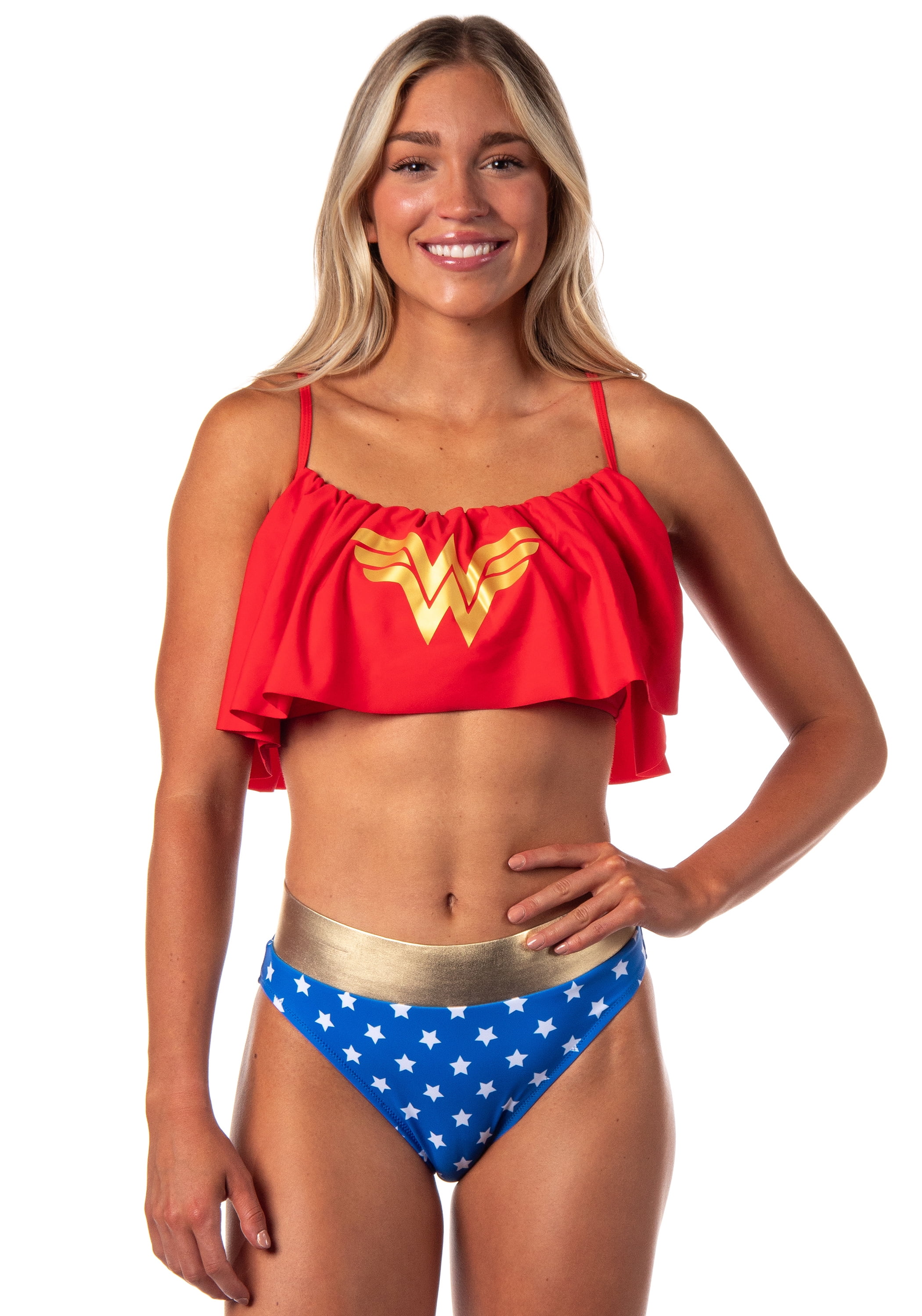 DC Comics Womens' Wonder Woman Costume Ruffle Bikini Swimsuit Bathing Suit