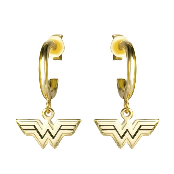 DC Comics Wonder Woman Yellow Gold Plated Logo Charm Hoop Earrings
