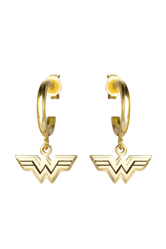 Wonder Woman Yellow Gold Plated Logo Charm Hoop Earrings