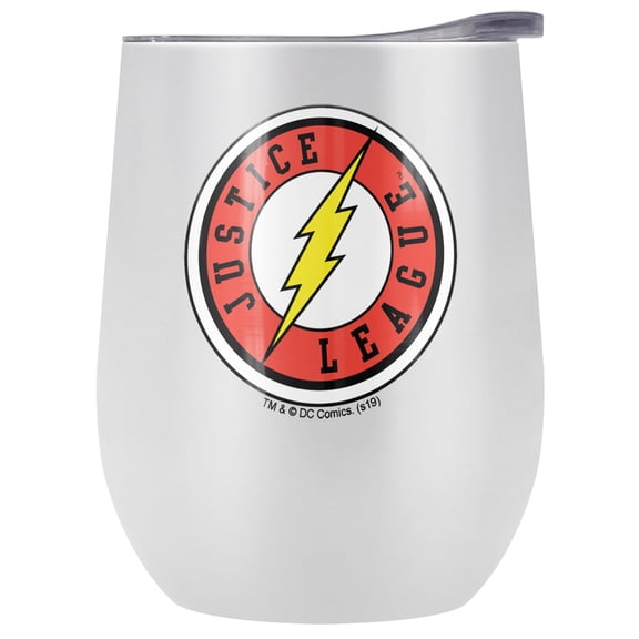 DC Flash - Logo Official Athletic the Flash Justice League Logo 12 OZ Stemless Wine Tumbler, Stainless Steel Travel Cup|Lake Tumbler|Insulated with Leak Resistant Slide-Lock Lid, White