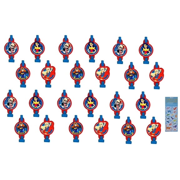 DC Girls Super Hero Girls Birthday Party Supplies Bundle 3 Party Blowouts and 1 Dinosaur Sticker Sheet