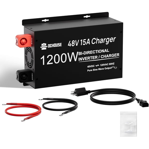 DC HOUSE 1200W Pure Sine Wave Inverter Charger, 48V DC to 110V/120V AC, 2-in-1 Inverter & 48V 15A Battery Charger, Dual AC Outlets, for Golf Cart Battery, Solar, Home Backup & Off-Grid Power