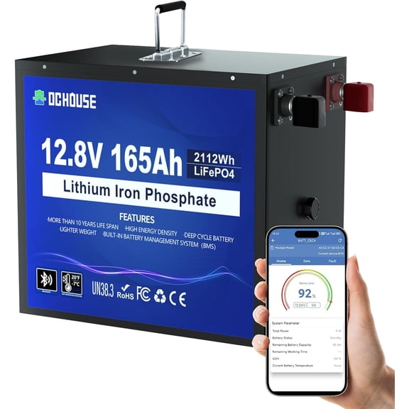DC HOUSE 12V 165Ah LiFePO4 Lithium Battery, Bluetooth & Low Temp Protection, Safer Metal Case, 12V Lithium Battery up to 15000 Cycles, 120A BMS, Perfect for Trolling Motors, Marine, Boat, Solar,RV
