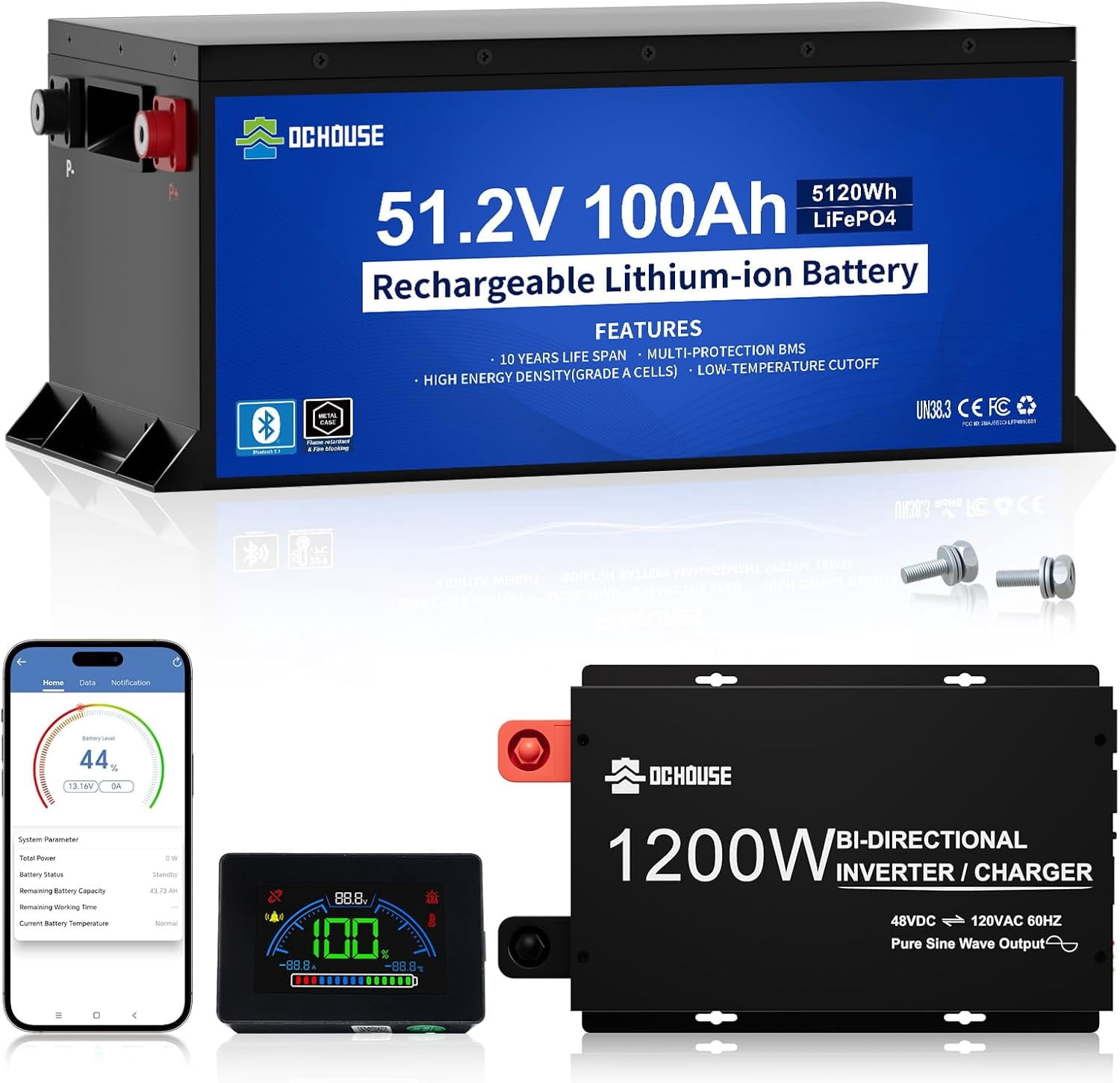 DC HOUSE 48V 100Ah Lithium Golf Cart Battery with 2-in-1: 48V 15A Battery Charger and 48V 1200W Inverter, Built-in 200A BMS, LCD Monitor and Mobile App, Peak 670A