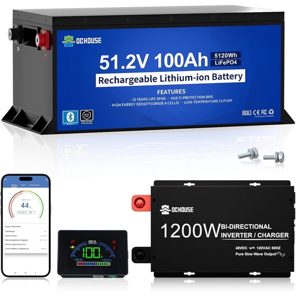 DC HOUSE 48V 100Ah Lithium Golf Cart Battery with 2-in-1: 48V 15A Battery Charger and 48V 1200W Inverter, Built-in 200A BMS, LCD Monitor and Mobile App, Peak 670A