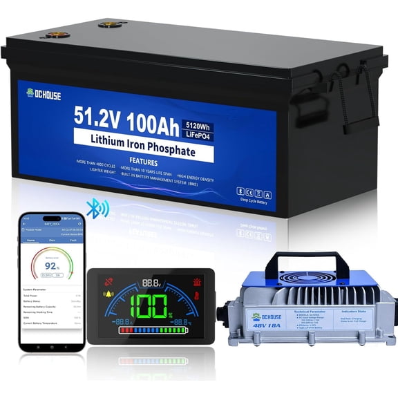 DC HOUSE 48V 100Ah Lithium Golf Cart Battery, with 48V 18A Lithium Battery Charger, Built-in Smart 200A BMS, LCD Monitor & Mobile APP, Peak Current 600A, Perfect for Golf Cart, Trolling Motor