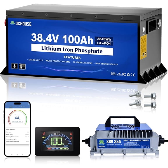DC HOUSE Metal Case 36V 100Ah Pro Lithium Golf Cart Battery, LiFePO4 Battery with 36V 25A Charger, Bluetooth Mobile APP& LCD Monitor, 200A BMS, Peak Current 670A, Perfect for Trolling Motor, Marine