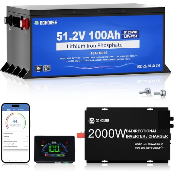 DC HOUSE Metal Case 48V 100Ah Pro Lithium Golf Cart Battery, 200A BMS Lifepo4 Battery with 2000W 2-in-1 Inverter & 48V 25A Battery Charger, Bluetooth Mobile APP & LCD Monitor, Peak Current 700A