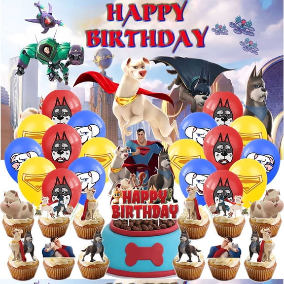 DC League of Super Pets Birthday Party Decor Set - 5x2.3ft Themed Backdrop Banner, Latex Balloons & Cake Toppers Party Supplies