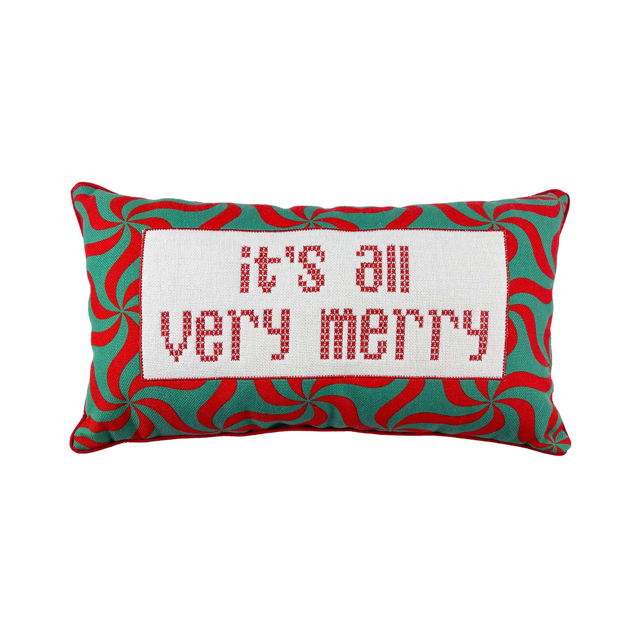 It's All Very Merry Decorative Christmas Lumbar Pillow, Green/White/Red, 18" x 10", by Holiday Time