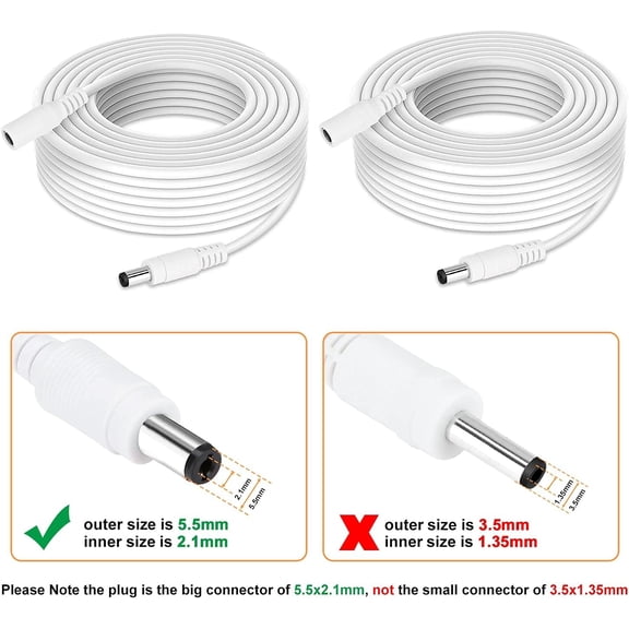 DC Power Extension Cable, 33ft 2Pack 2.1mmx5.5mm DC Plug Power Supply Adapter Extension Cord 20AWG Power Cord Compatible with 12V,24V Wireless CCTV IP Security Camera,Led Strip Lights(2pcs White)