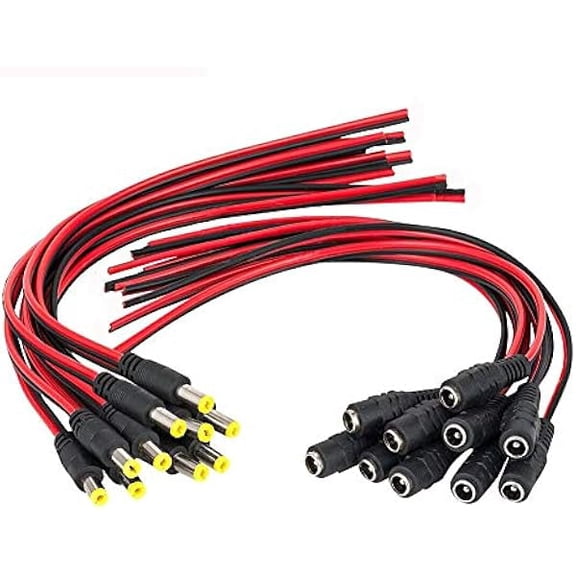 DC Power Pigtail Cable,5.5x2.1mm 18AWG Male and Female DC Connector Plug,12V 5A Barrel Jack Connector for CCTV Security Camera and Lighting Power Adapter (10 Pairs)